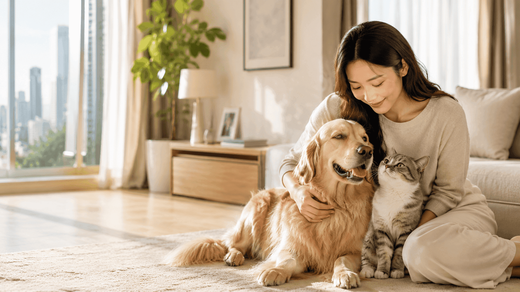 バンコクのリビングで犬と猫と過ごす飼い主の温かい一場面
