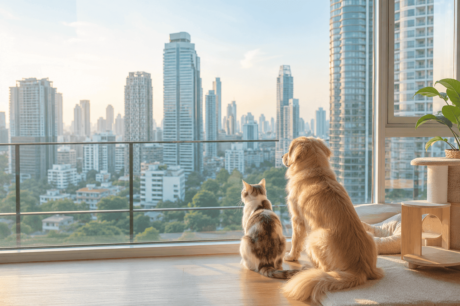 バンコクの高層階から街を見つめる犬と猫