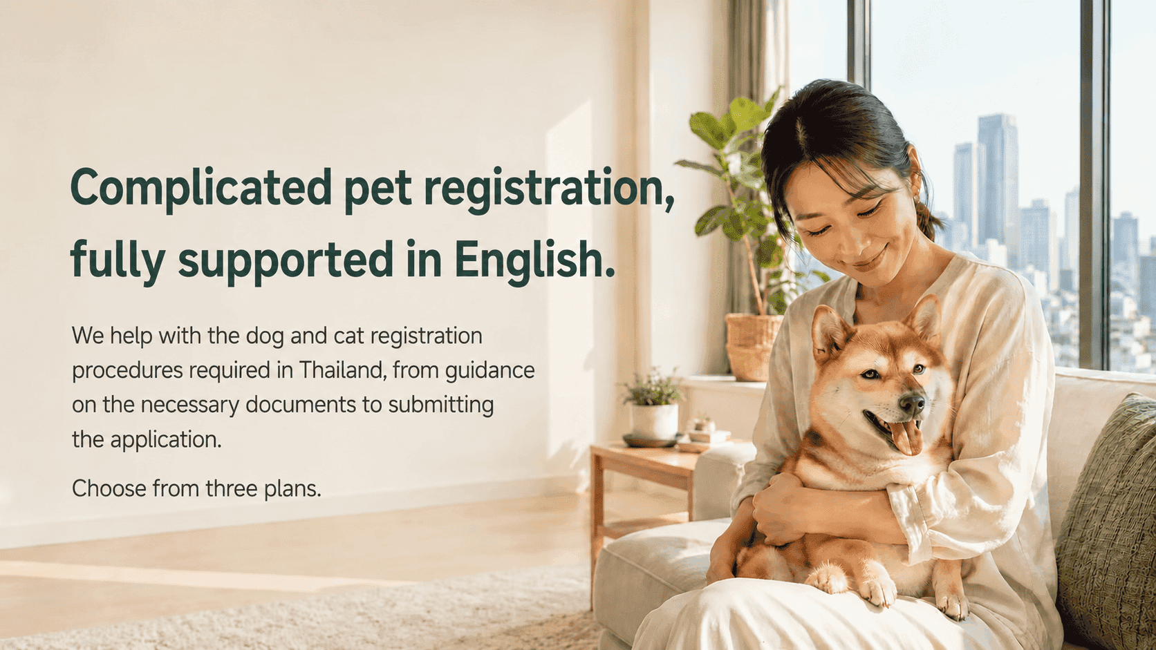 A foreign resident smiling and holding her Shiba Inu in a Bangkok condominium — PetID Thailand pet registration service